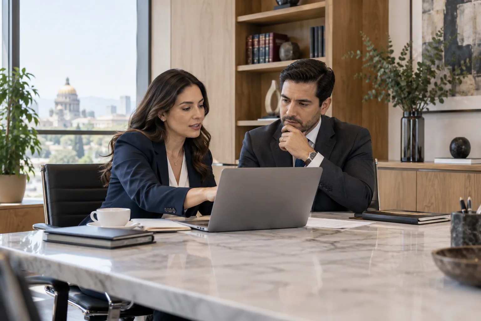 Escena ilustrativa de dos profesionales revisando información en un despacho, generada con IA.